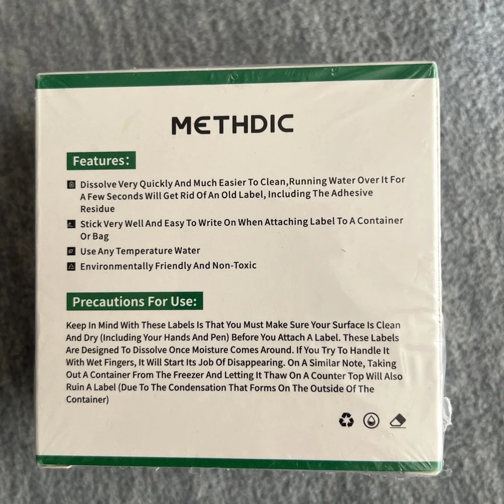 Methdic Dissolvable Labels For Food Storage Containers‎ 1.5x2.5 300 Stickers NIB